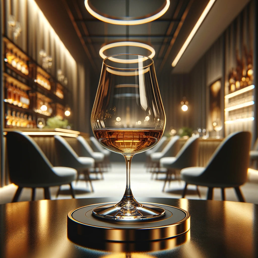 Bicchiere di whisky ambrato appoggiato su un tavolino in un salotto elegante, durante una degustazione