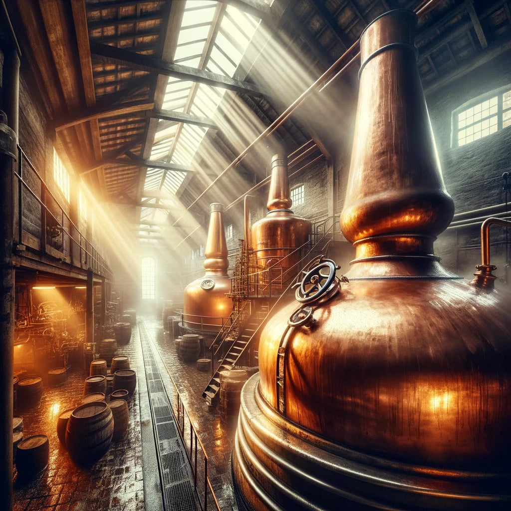 Alambicchi di rame tradizionali all’interno di una distilleria scozzese, utilizzati per la produzione di Scotch Whisky
