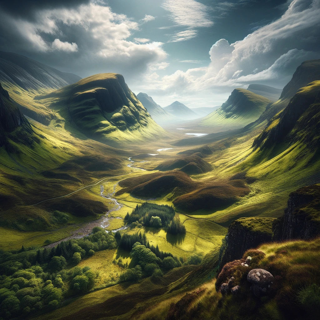 Paesaggio naturale delle Highlands scozzesi con colline verdi, nebbia leggera