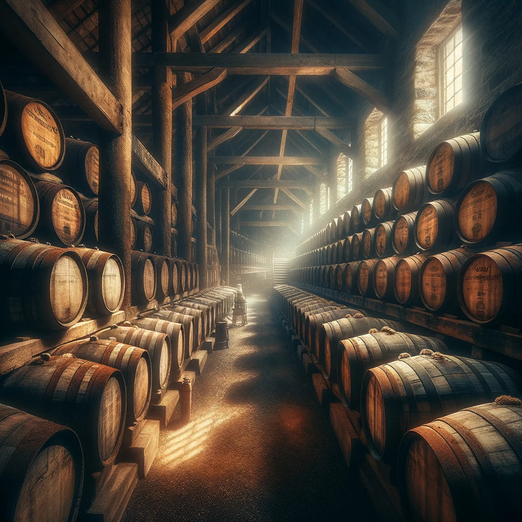 Zona di conservazione con botti di legno impilate per la maturazione del whisky secondo tradizione scozzese