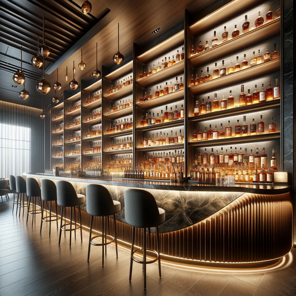 Interno elegante di un whisky bar di lusso con scaffali pieni di pregiati single malt Scotch whisky